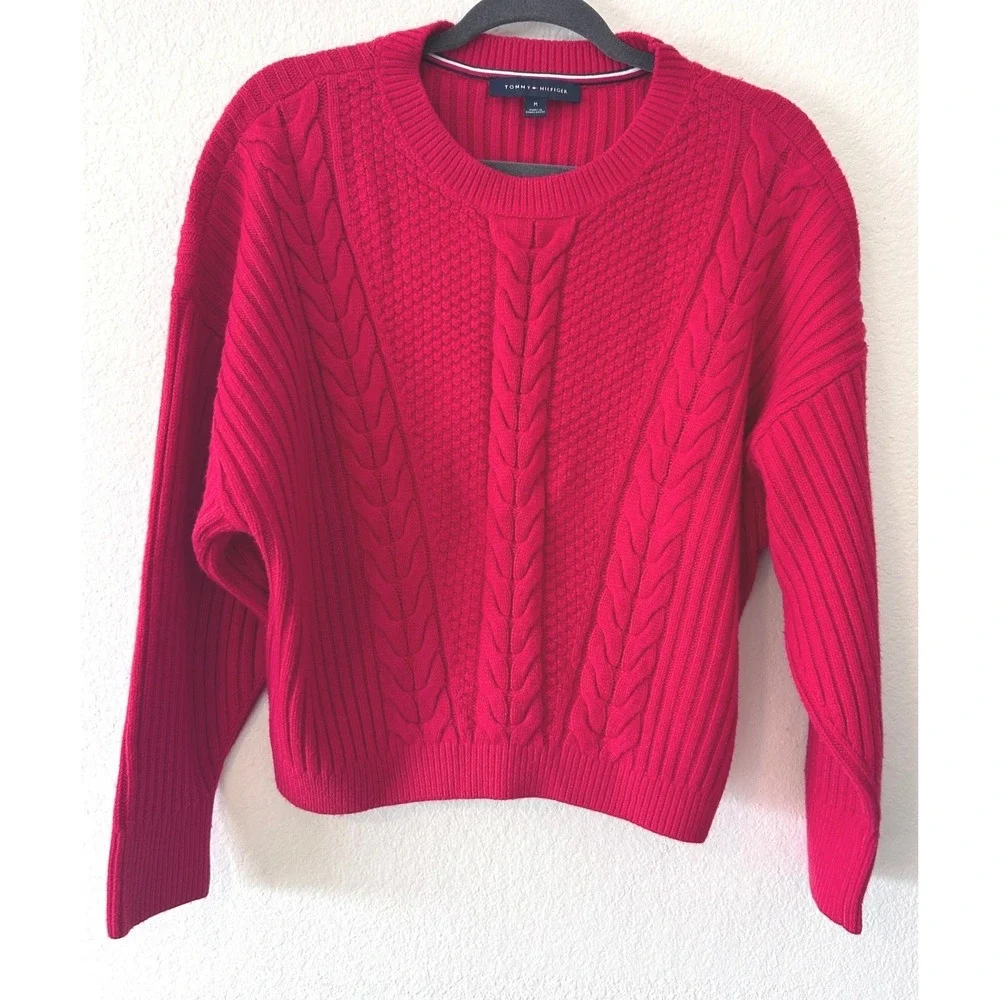 Tommy Hilfiger Chunky Preppy Red Cable Knit‎ Crewneck Sweater SZ M